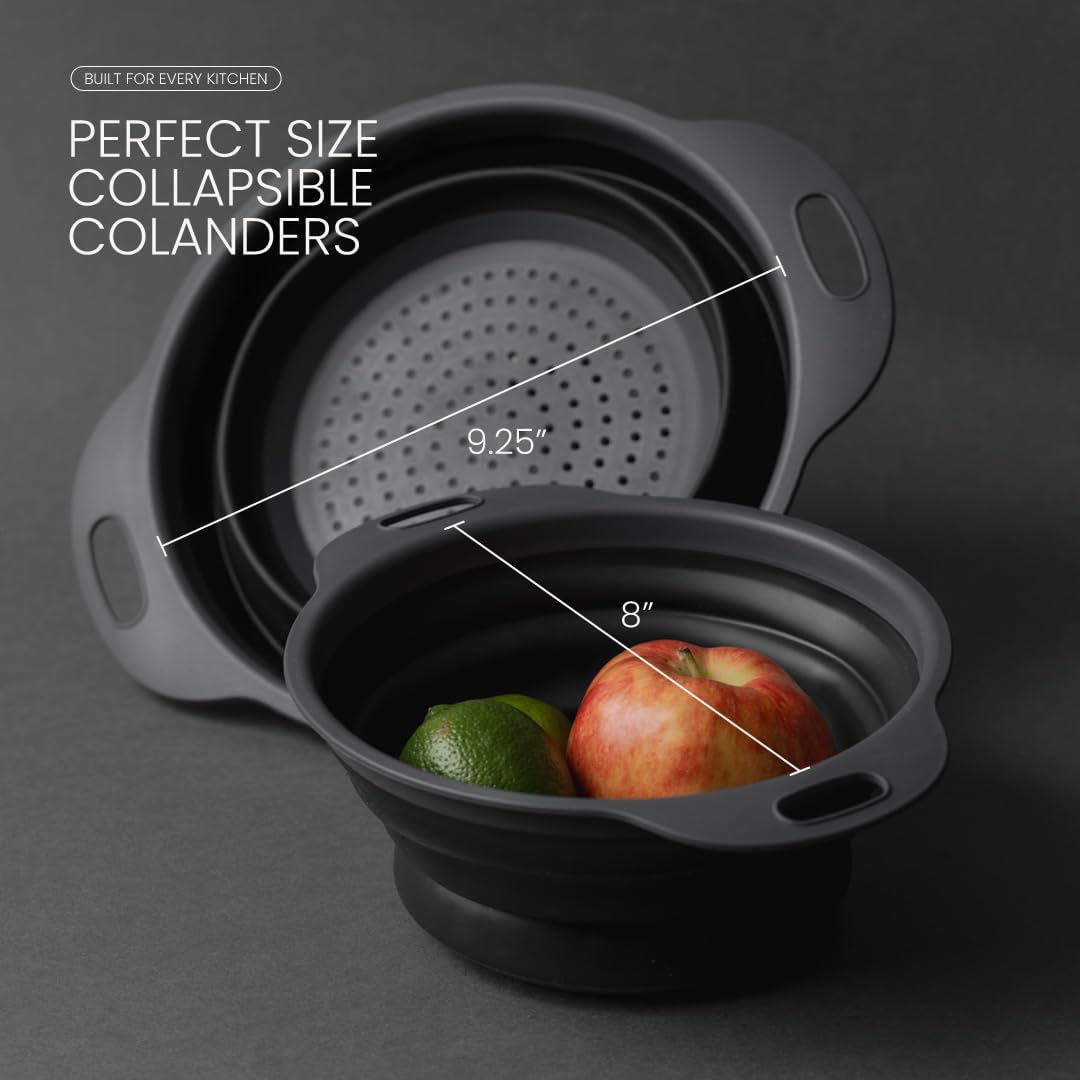 Collapsible Colander | 2-Pack Black Collapsible Strainer for Pasta, Fruits, & Vegetables | Compact Silicone Strainer Ideal for Straining all Sorts of Foods | Strainer for Everyday Use Medium