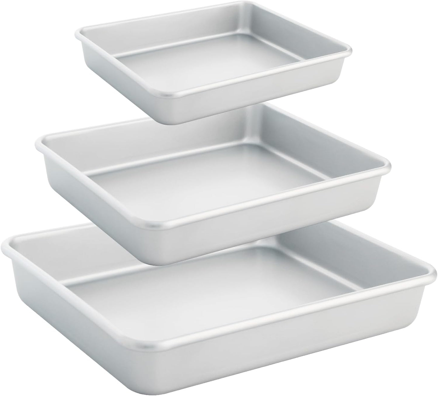 Deep Baking Pans Set of 3, Rectangle Cake Pan Nonstick, Heavy Duty Thick Bakeware Lasagna Pan for Toaster Oven, 9/11/13 Inch Tray for Brownie, Siliver