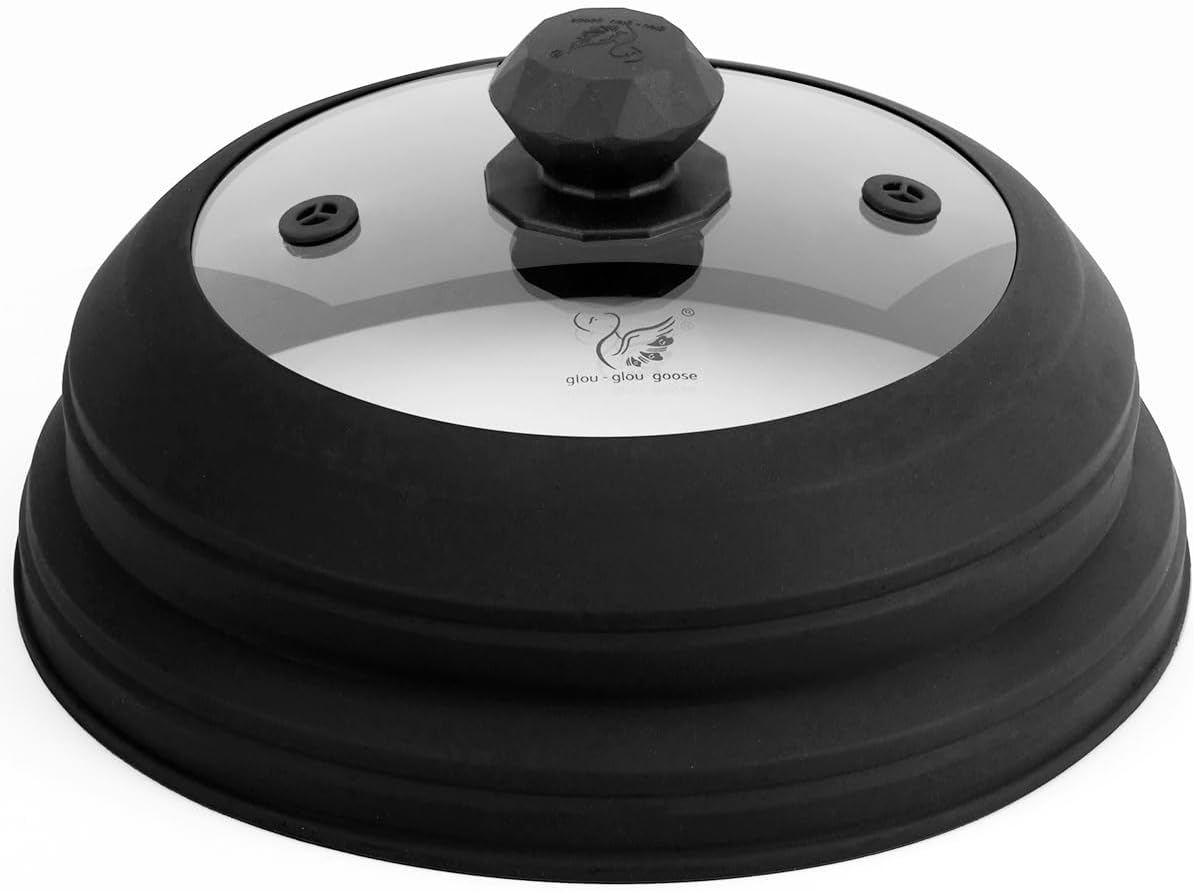 Microwave Splatter Cover Vented Glass Splatter Guard Lid with Collapsible Silicone for Food as Pot Cover 11.8 inch Large Plate for 6 7 8 9 10 11 inch Plate Bowl Black