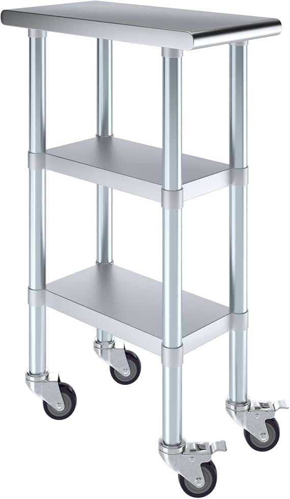 Stainless Steel Work Table with 2 Shelves and Casters | Metal Utility Table On Wheels (12" Long x 24" Deep)