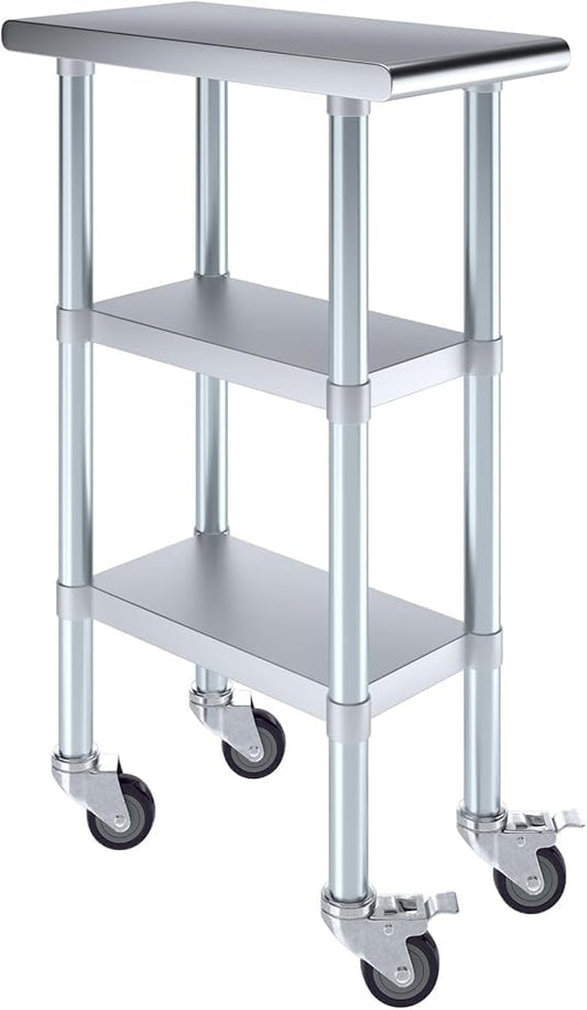 Stainless Steel Work Table with 2 Shelves and Casters | Metal Utility Table On Wheels (12" Long x 24" Deep)