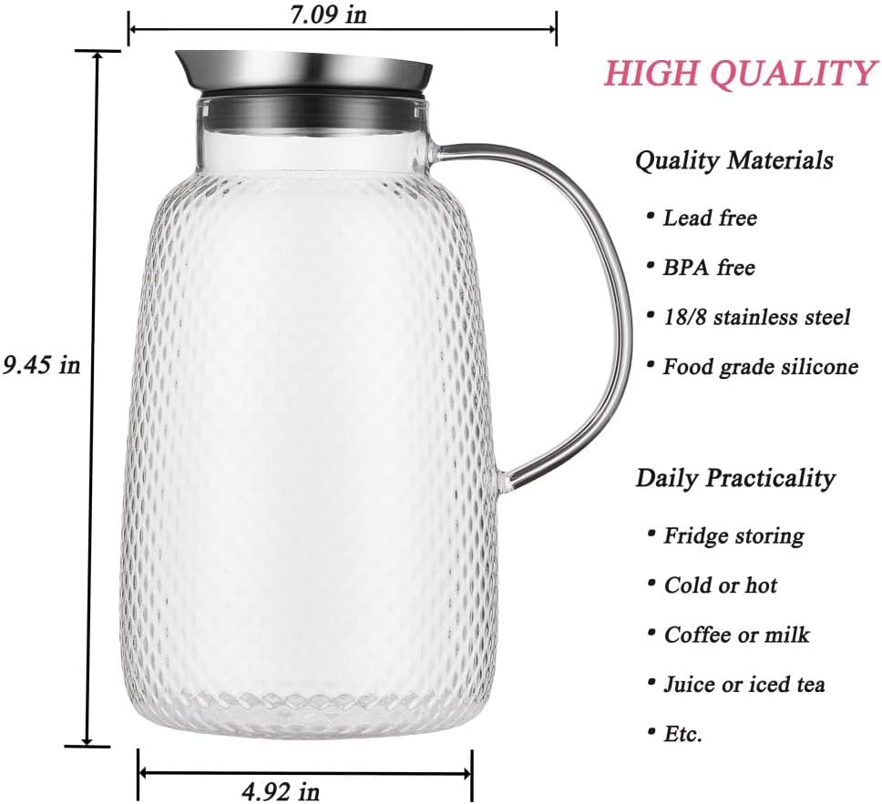 Purefold Pitcher with Lid, 78 oz Glass Jug with Stainless Steel Lid for Hot and Cold Water, Fruit Tea, Coffee Maker, Ice Tea, Juice, Pineapple Series (Clear)