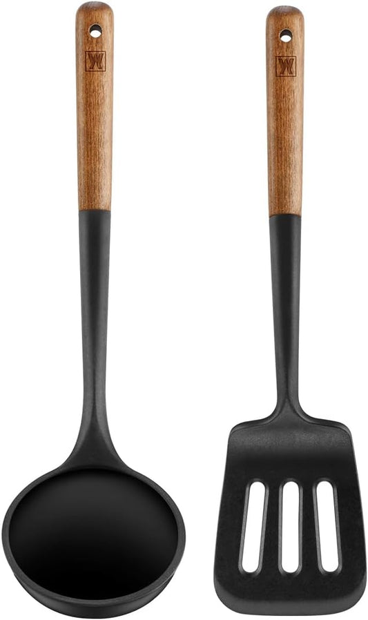 Set of 2pc Silicone Cooking Utensils: Wooden Handle Slotted Spatula + Cooking Ladle, Heat Resistant Cooking Utensil, BPA Free, Protects Surfaces with Gentle Head Design