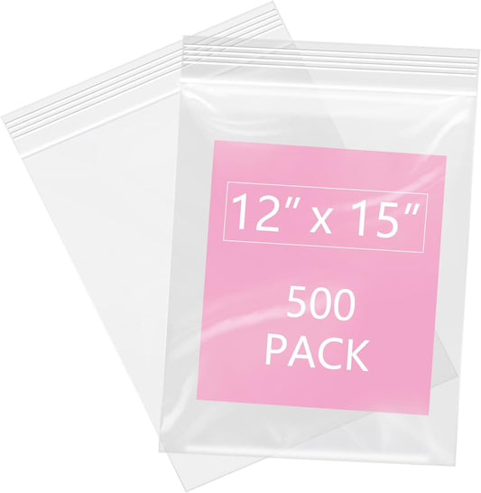 iMailer - 500 Pcs- 12" x 15" Large Plastic Zip Poly Bags- Clear Zip Storage Bag for Clothing, T-Shirts, Pants