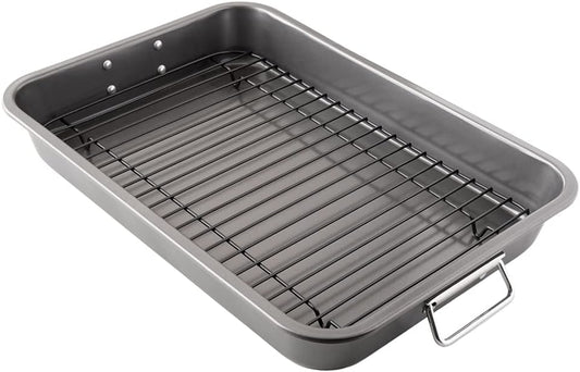 Chef Pomodoro Nonstick Carbon Steel Large Roasting Pan with Rack, Turkey Roasting Pans for Oven, Roaster Pan with Flat Rack, Turkey Pan for Oven, Bakeware Grey