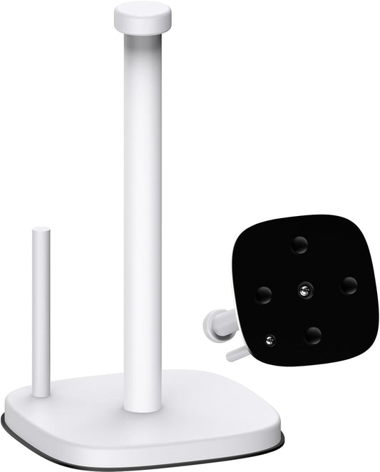 Paper Towel Holder Countertop, Standing Paper Towel Roll Holder for Kitchen Bathroom Organize, Stand with Weighted Base Suction Cups, Stainless Steel One-Handed Operation (White)