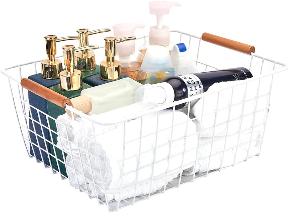 LeleCAT Large white wire baskets with Wooden Handles for storage pantry, Storage Organizer Baskets, Household Refrigerator for Cabinets, Closets, Bedrooms, kitchen - Set of 3 White