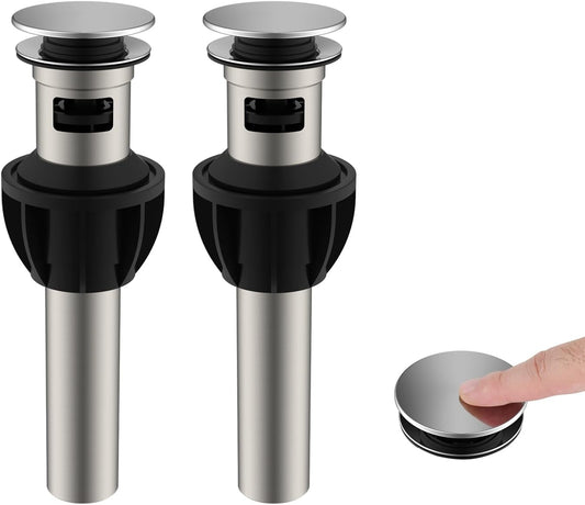 Hibbent 2 Pack Metal Bathroom Sink Drain with Overflow, Pop Up Detachable Stopper, Stainless Steel Vessel Lavatory Vanity Sink Strainer, Anti-Clogging Design, Chrome