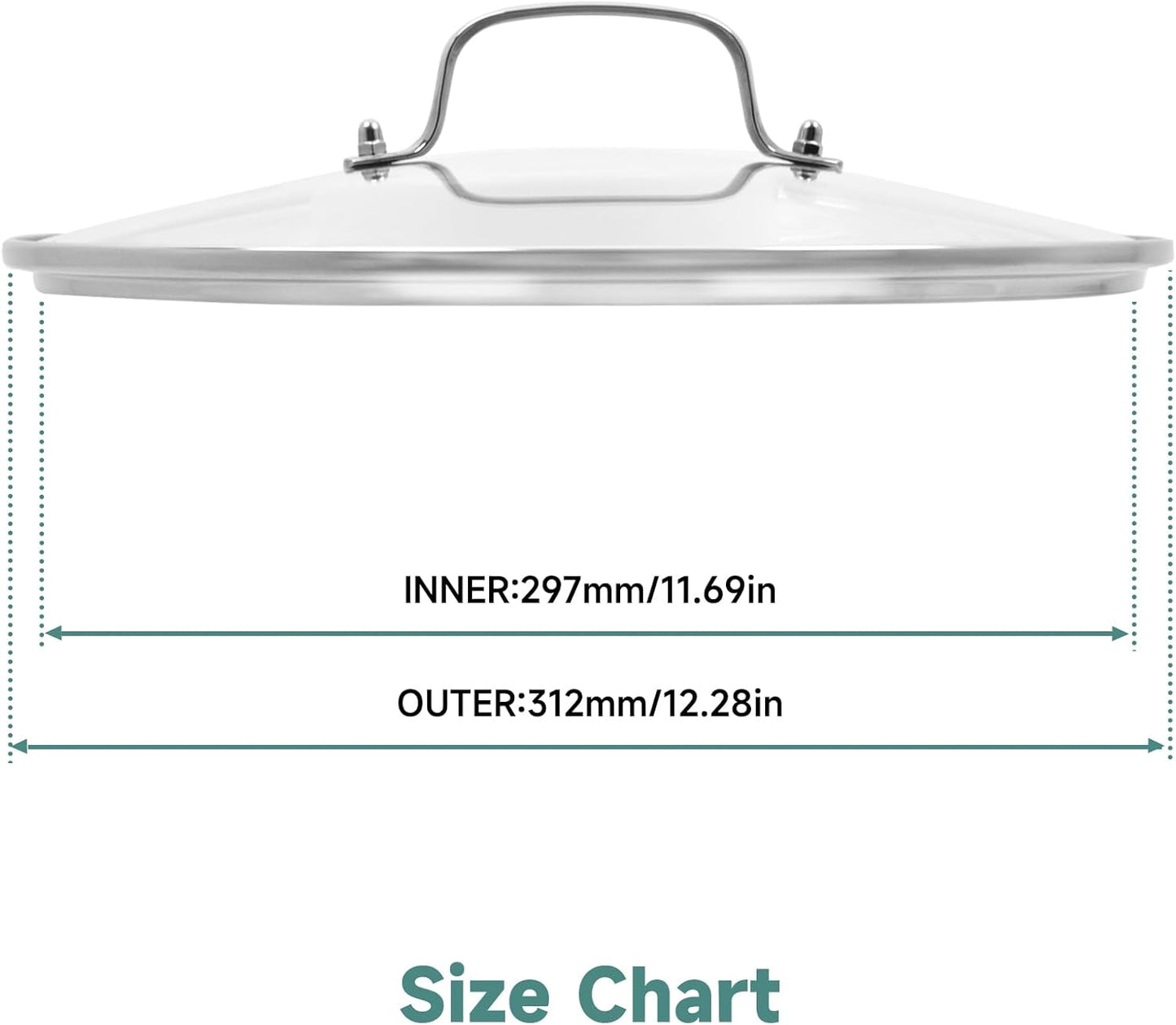 12 IN Glass Lid with Stainless Steel Handle for Frying Pan, Tempered Replacement Cover Compatible for Skillets, Round Cast Iron, Cast Aluminium, Stainless Steel Pans & Pots (297mm-312mm)