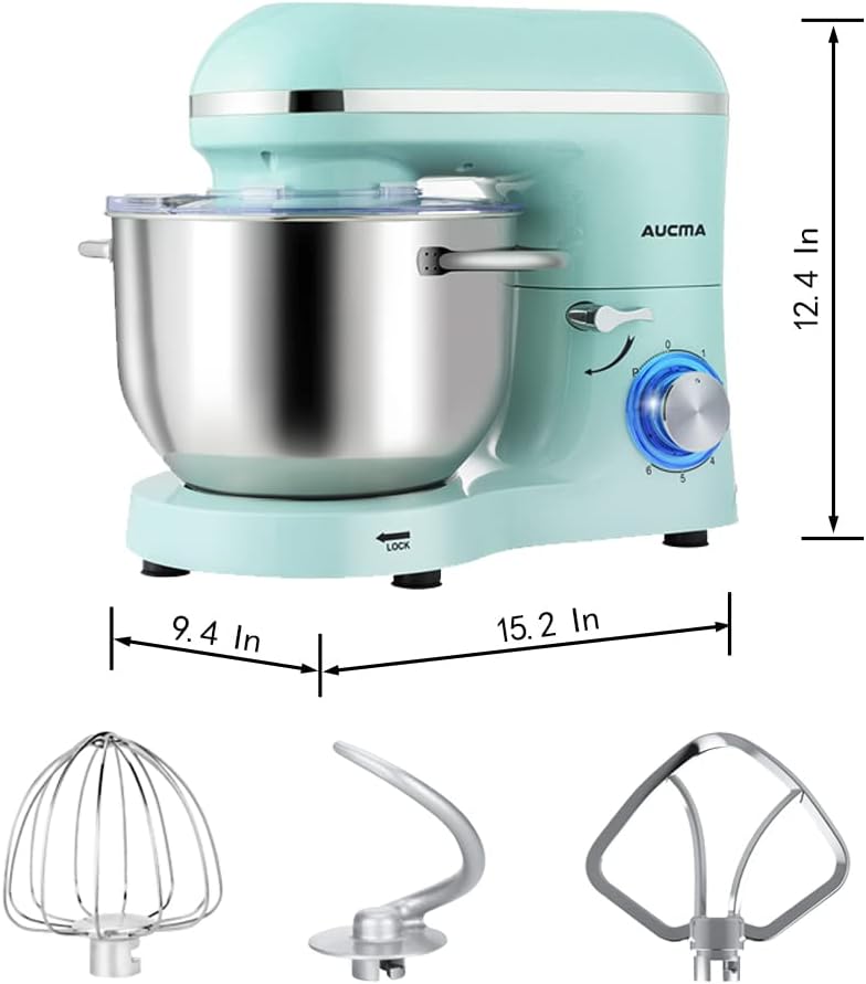 Aucma Stand Mixer,6.5-QT 660W 6-Speed Tilt-Head Food Mixer, Kitchen Electric Mixer with Dough Hook, Wire Whip & Beater (6.5QT, Blue)