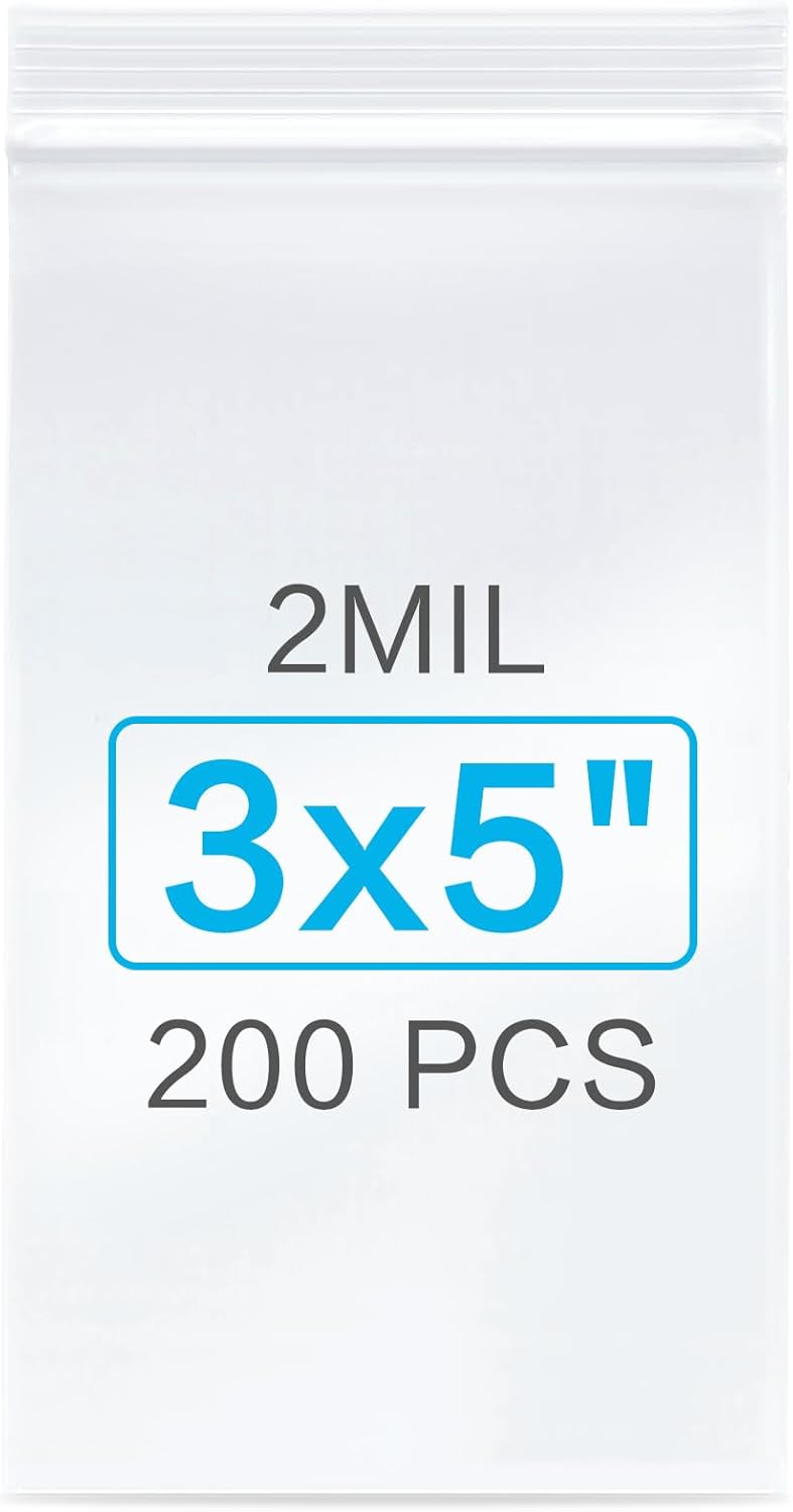 200pcs 3 x 5 inch Plastic Bags, 2 mil Jewelry Bags, Clear Small Zip Bag, Resealable Zip Bag for Small Business, Storage, Candy