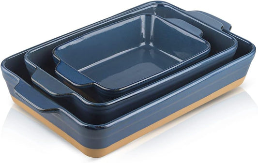 HVH Baking Dish Set, 9x13 Baking Dish, Large Casserole Dish Set, Ceramic Lasagne Pan Deep, Baking Dishes for Casseroles 13 x 9, Ceramic Bakeware Set of 3, Farmhouse Style (Blue)