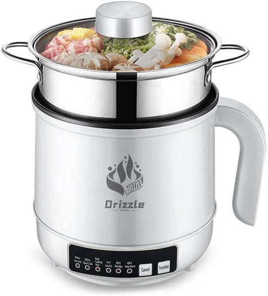 Drizzle Electric Steamer 1.8L - Multifunctional Hot Pot Non-stick Pan - Portable Rapid Ramen Cooker - Boil Dry Protection - For Noodles, Steak, Eggs, Stir-Frying, Pasta, Oatmeal