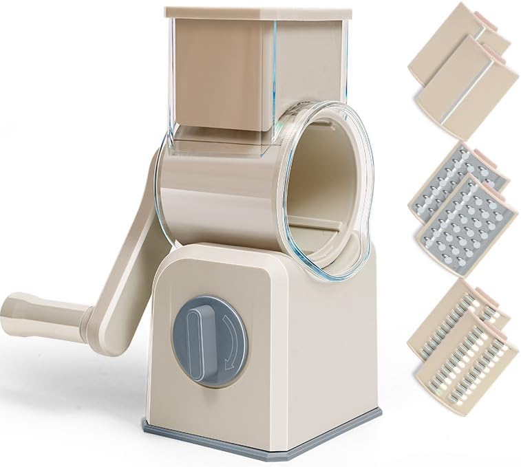 Manual Vegetable Slicer - Patented Drum Cutter w/Interchangeable Blades, Safe & Fast Hand Crank Operation - for Carrots, Cucumbers, Onions, Fruits (Upgraded Stainless Steel Blades) (Beige, 3 Blades)