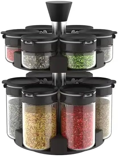 360 rotating 2 tier jars spice rack (6 small 6 large spice jars) Revolving Seasoning Organizer. Spinning Spice Rack for Counter top and Cabinet WITH Custom Label Stickers.