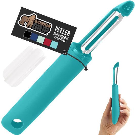 GORILLA GRIP Patented BPA-Free Sharp Stainless Steel Swivel Vegetable Peeler, Comfortable Handle Potato Peelers, Smooth Peeling, Peel Carrots Apple, Includes Blade Cover, Kitchen Tool, Turquoise