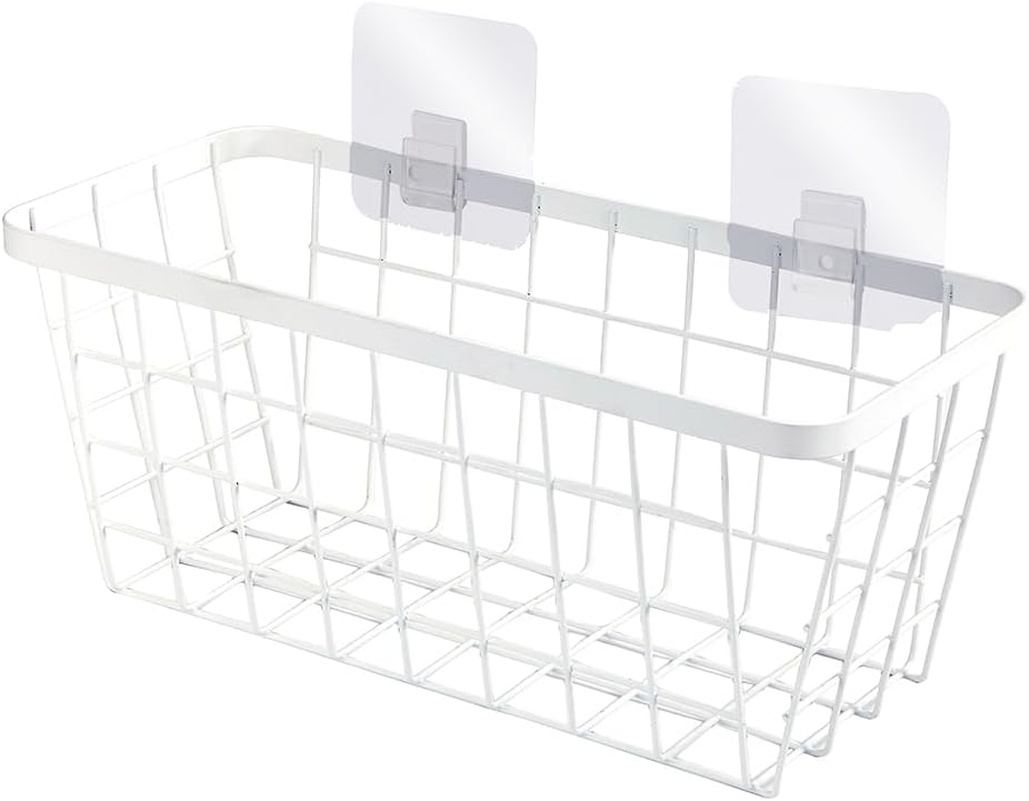 LeleCAT White Hanging Kitchen Baskets For Storage Adhesive Sturdy Small Wire Storage Baskets No Drilling Wall Mounted Kitchen Food Pantry Bathroom Shelf Storage, 4 PACK,White