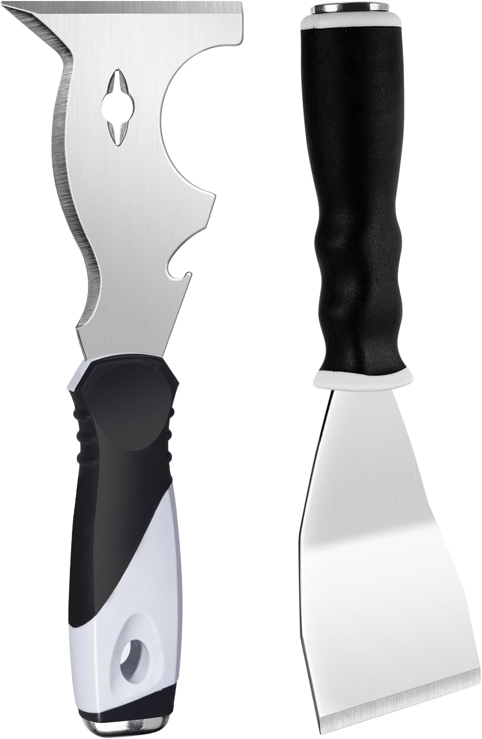 Mister Rui 2 Pack Paint Scraper Set, 3" Bent Paint Scraper with 10 in 1 Putty Knife, Stainless Steel Painting Tools, Metal Curved Floor Scraper for Cleaning, Removing, Repairing