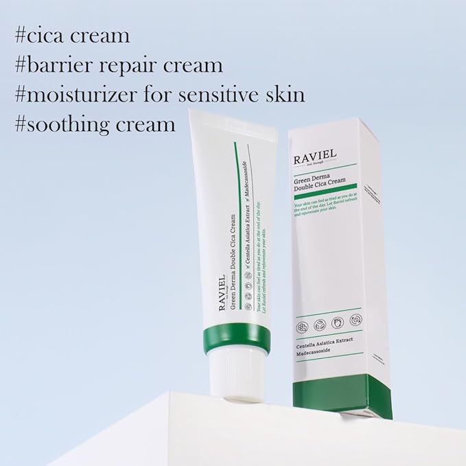 RAVIEL] Green Derma Double Cica Cream – Calming & Hydrating Moisturizer for Redness-Prone Skin and Barrier Support, Korean Skincare for All Skin Types, 50ml 1.7 fl oz