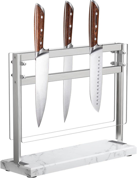 YIIYIIN Magnetic Knife Block with Acrylic Shield - Marble Based Double Side Magnetic Knife Stand - Kitchen Magnetic Knife Holder - Knife Storage - Knife Holders for Counter Top - White