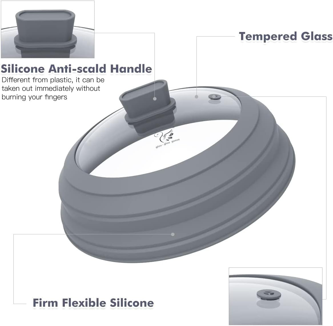 Microwave Splatter Cover Glass Cover Guard Lid with Collapsible Silicone for Food Pot Plate Cover 9.8 inch Light Grey