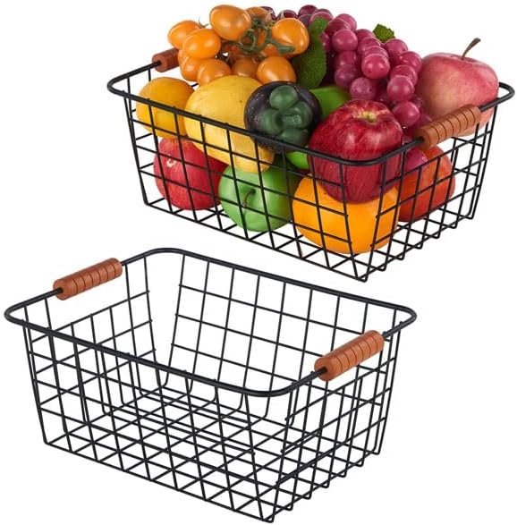 Wire Kitchen Storage Basket 2 Packs,Perfect Pantry Organization Accessories Baskets,Laundry Basket,With a Wooden handle,Suitable for Kitchen,Bathroom,Bedroom,Tabletop,Stackable,Black