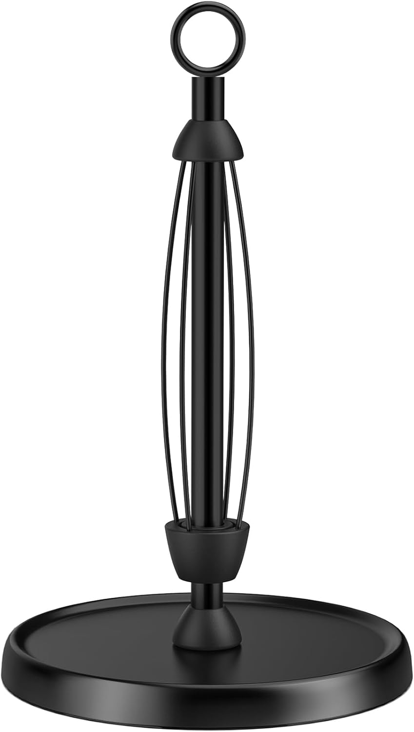 Black Paper Towel Holder Countertop, One-Handed Tear, Stainless Steel, Weighted Base, Ring Paper Towel Holder Stand with Ratchet System for Kitchen Farmhouse Essentials Decor