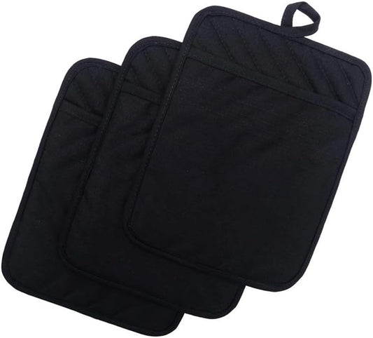 Anyi Cotton Pot Holders with Pocket, Heat Resistant Black Counter Table Hot Pads for Kitchen