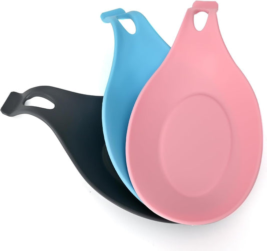 Spoon Rest for Stove Top, 3 Pack Large Silicone Spoon Holder for Kitchen Counter, Heat Resistant Cooking Spoon Holder, Microwave and Oven Safe (Pink, Grey, Blue)