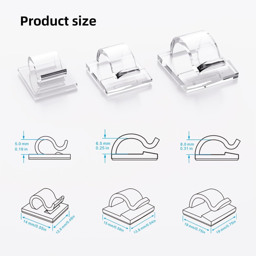 100 PCS Cable Clips Cord Organizer (Small, Medium,Large),Wire Holder for Cable Management, Outdoor Light Clips Light Hooks for LED String,Car Dash Cam, Extension Cord (Clear)