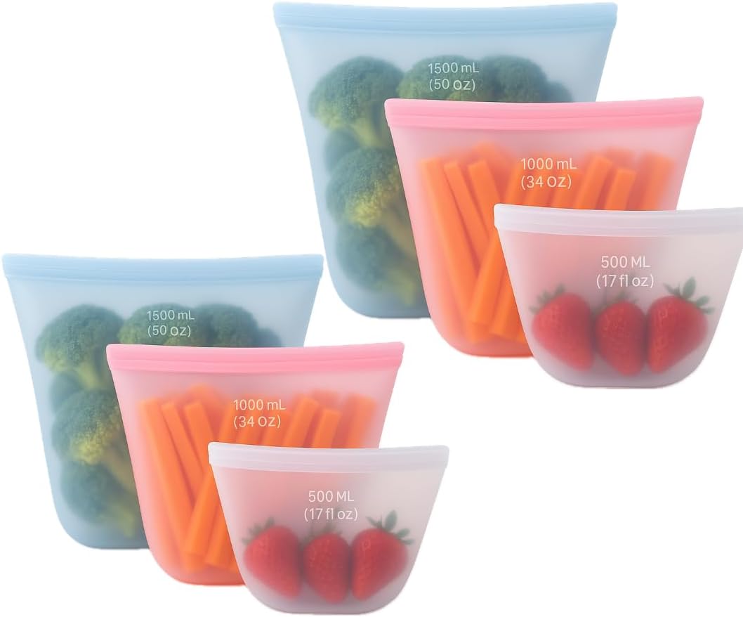 Silicone Food Storage Bags, Stand Up Zip Container Set for Soup, Sandwich, Leftovers, Microwave Safe, BPA Free, AR3T Home Essentials (Multi Color 6 pack)