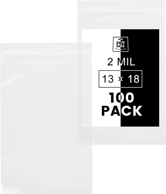 13" X 18" (100 Bags) 2 Mil Clear Reclosable Zip Plastic Poly Bags with Resealable Lock Seal Zipper