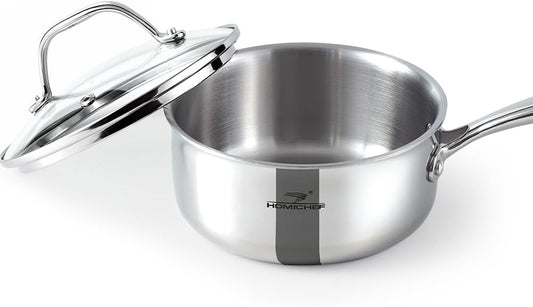 HOMICHEF Mirror Polished NICKEL FREE Stainless Steel 1.5 Quart / 6.5 Inch Sauce Pan with Glass Lid (No Toxic Non Stick Coating, Whole-Clad 3-Ply) Soup Pot Small Cooking Pot