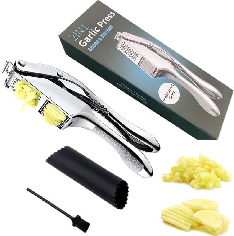 Premium Stainless Steel Garlic and Ginger Press, Walnut Crusher Set,3 in 1 Professional Grade Mincer, Crusher with Brush & Peeler - Easy-Clean, Dishwasher Safe & Soft Handle for Fine Garlic Crushing