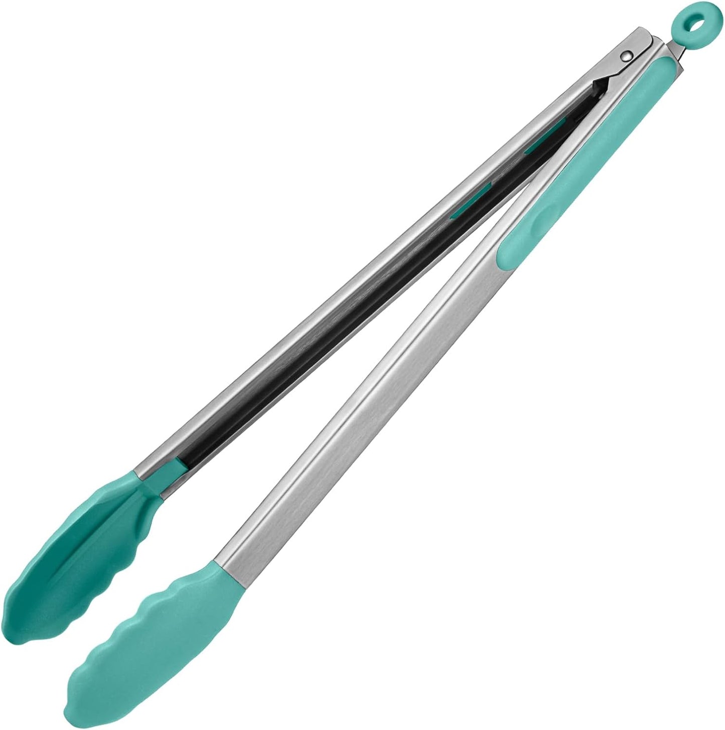 600ºF Heat Resistant Kitchen Tongs: U-Taste 16 in Extra Long Large Silicone Cooking Tong with Sturdy Non Stick Rubber Tips & Non Slip Silicon Coated 18/8 Stainless Steel Handle for Grill BBQ(Aqua Sky)