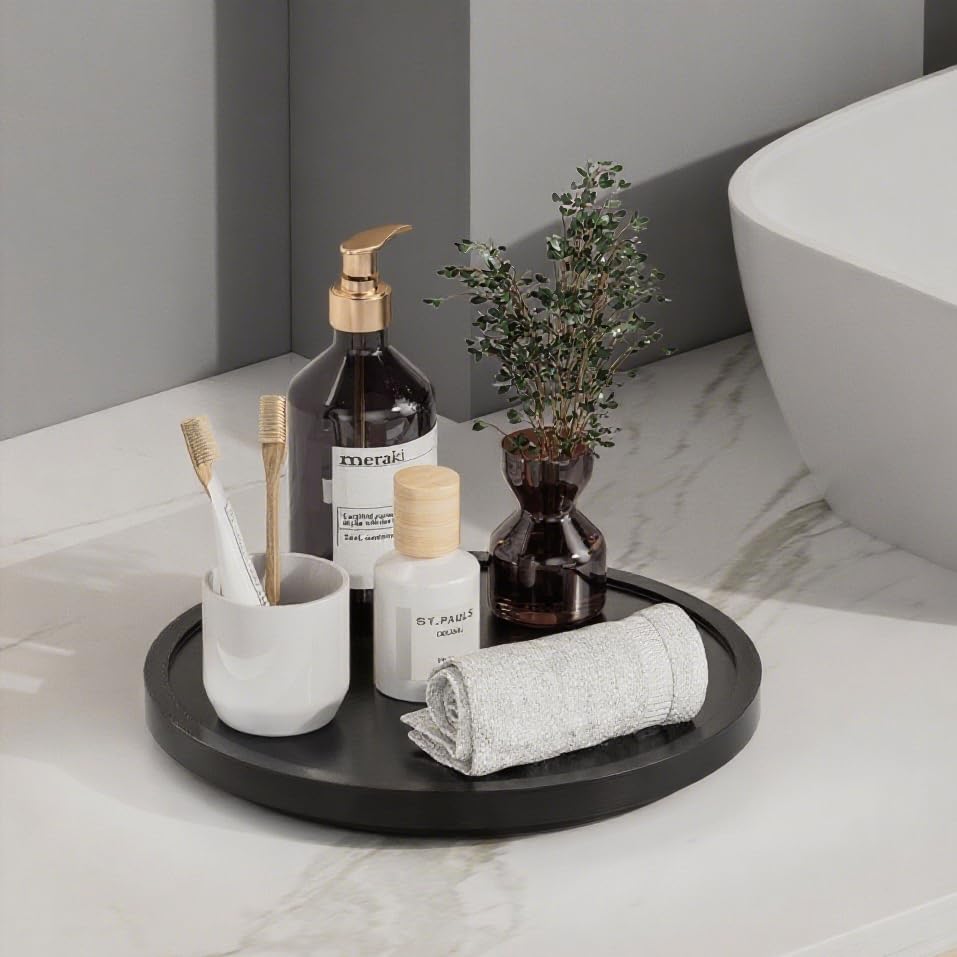 LAMU 9'' Wood Lazy Susan Organizer Turntable for Cabinet, Lazy Susan for Table Top, Pantry, Kitchen, Bathroom, Countertop, Rotating Spice Organizer, Vanity Decor Tray, Pine Wood, Black