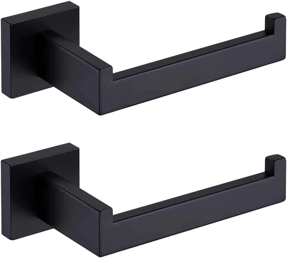 TASTOS Toilet Paper Holder Matte Black, Toilet Tissue Roll Holders Dispenser and Hangers Wall Mounted for Bathroom & Kitchen, Stainless Steel Modern Square Style 2 Pack
