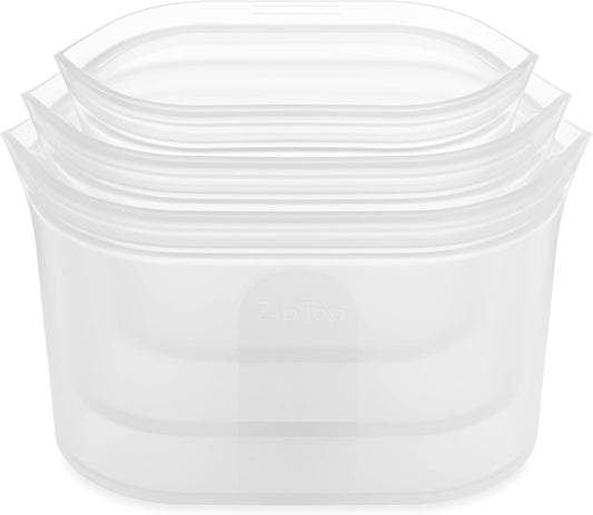 Zip Top Reusable Food Storage Bags | 3 Dish Set [Frost] | Silicone Meal Prep Container | Microwave, Dishwasher and Freezer Safe | Made in the USA