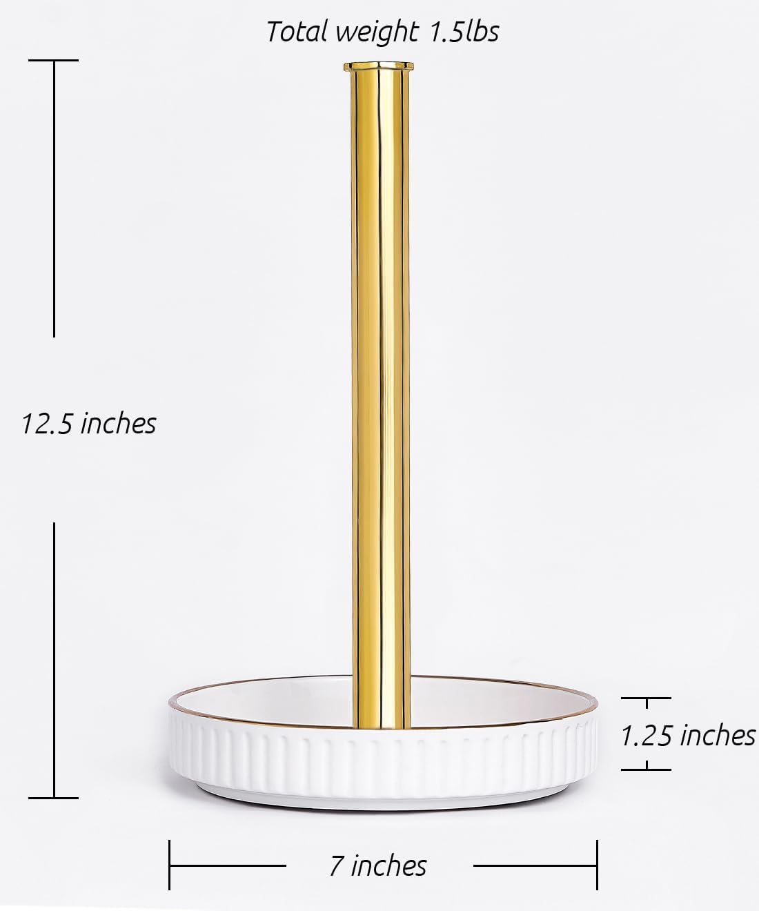 VROOMIUM Gold Paper Towel Holder Countertop, Ceramic Base Easy-to-Clean, 1.5 lbs, 7" B x 12.5" H, Stable Elegant and Durable Kitchen Roll Stand