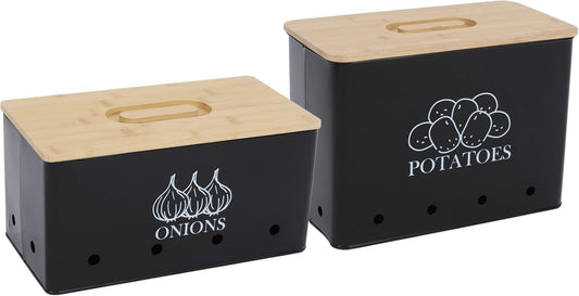 Potato Onion Storage Box, Food Container Sets, Storage Canisters for Vegeatables, Set of 2 Jars Pots Containers, Potato & Onion Bin with Aerating Tin Storage Holes & Bamboo Lid-Black