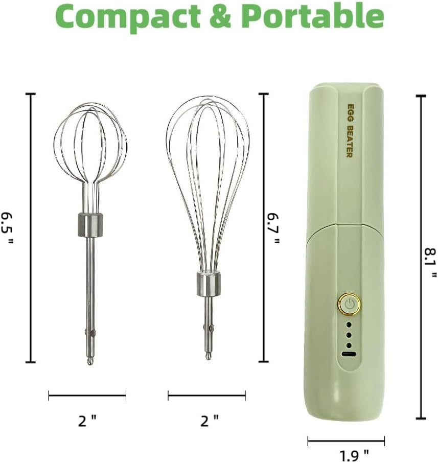 Cordless Hand Mixer, Foldable Design Handheld Electric Whisk with 3 Speed Modes, Hand Held Egg Beater with 2 Detachable Stir Whisks (Green)
