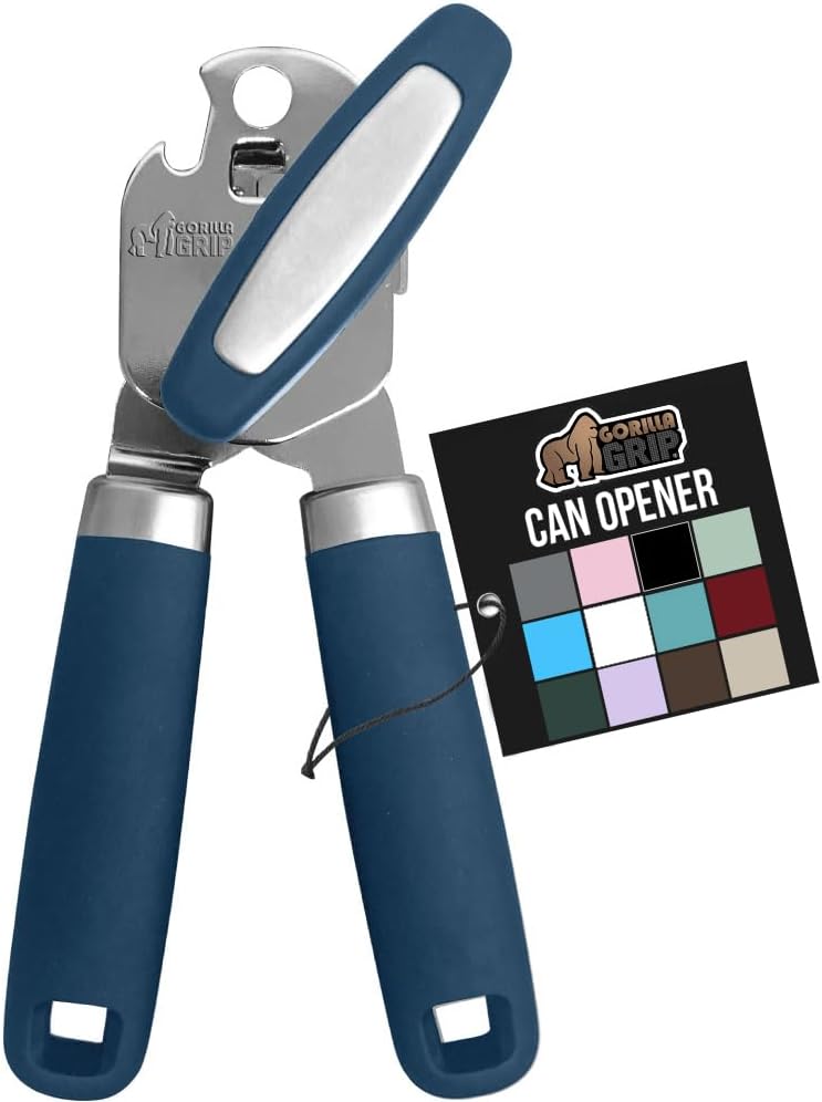 GORILLA GRIP Heavy Duty Stainless Steel Smooth Edge Manual Can Opener and Bottle Openers, Soft Comfortable Handle, Oversized Handheld Turn Knob, US Designed Multifunctional Kitchen Tool, Blue