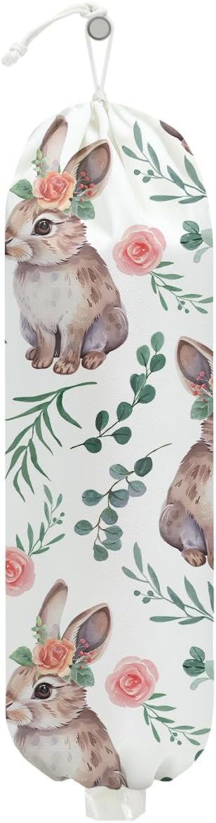 Rabbit Bunny Plastic Bag Holder, Wall Mount Grocery Bag Holder, Plastic Storage bag, Pull Rope Free Adjustment, Plastic Bag Holders for Grocery Bags, Plastic Bag Dispenser for Home Kitchen Camping
