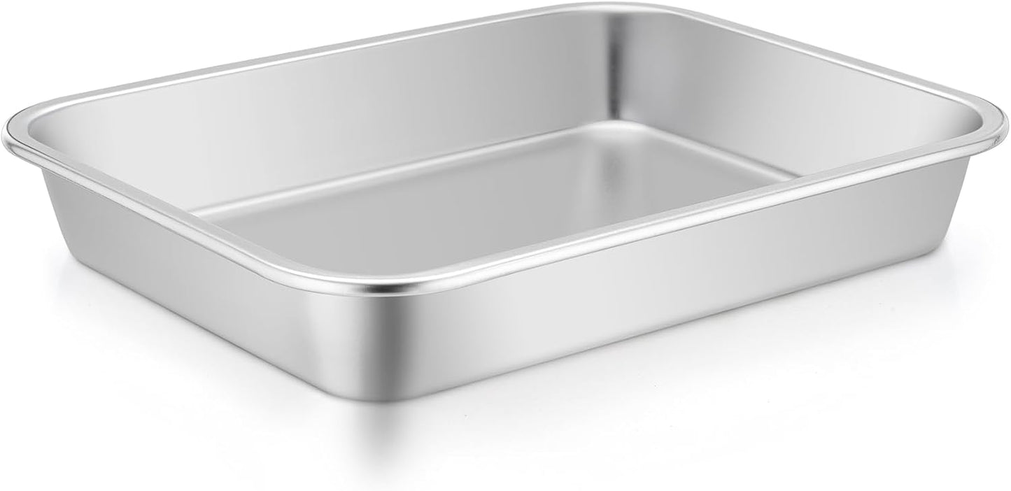 TeamFar Lasagna Pan, 10.6 x 8.3 x 1.7inch Stainless Steel Rectangular Cake Brownie Pan Casserole Baking Dish, Compact for Toaster Oven, Non Toxic & Healthy, Brushed Finish & Easy Clean-Dishwasher Safe