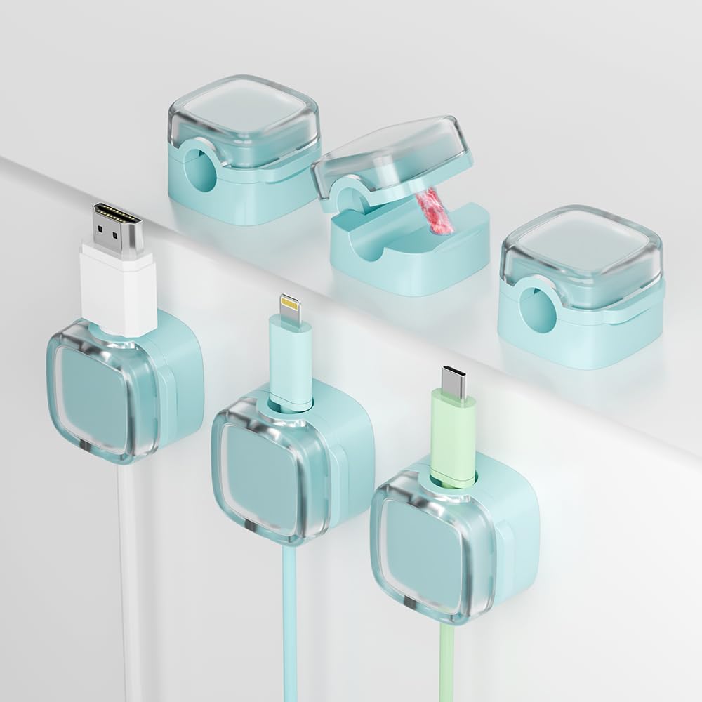 6-Pack Magnetic Cord Holder, Cord Holder with Strong Magnetic Lid, Holds Cables Firmly, 7 mm Charger Holder & HDMI Cord Organizer Clips, Strong Adhesive Pad (Blue)