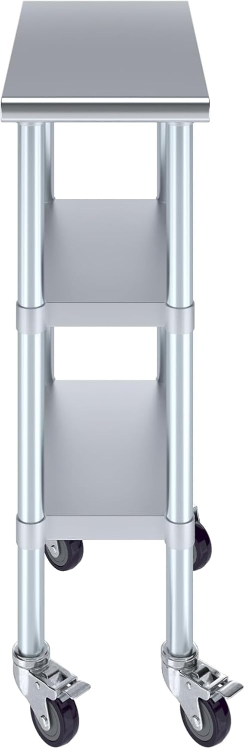 Stainless Steel Work Table with 2 Shelves and Casters | Metal Utility Table On Wheels (12" Long x 24" Deep)