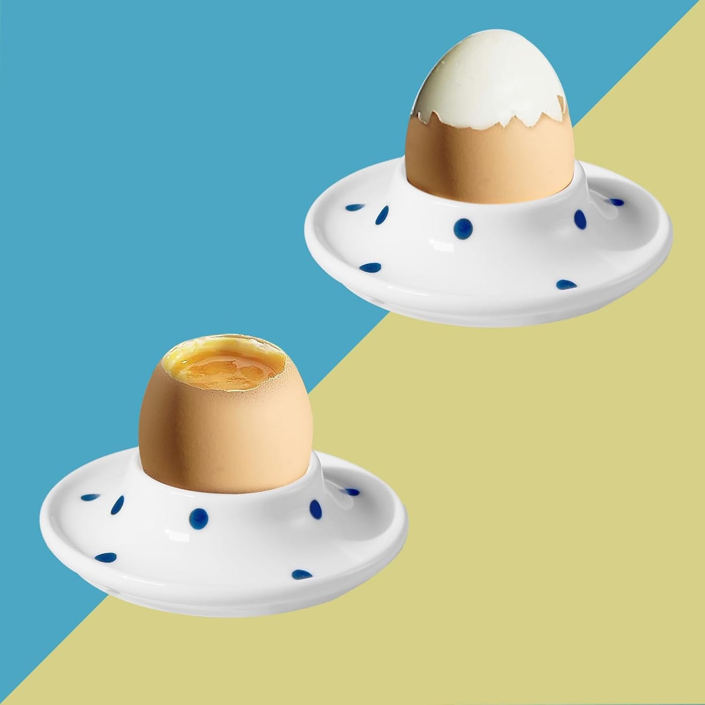 Cinf Ceramic White Egg Holder Set of 2 Porcelain Holder Breakfast Boiled Cooking Easy to Clean Childhood Memories Kitchen（Blue Dot)