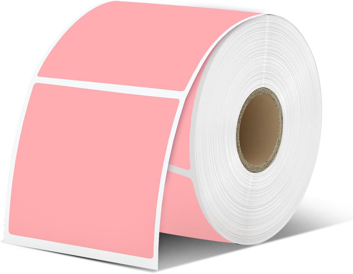 iEager Pink Square Thermal Label Stickers, 2"x2" Self-Adhesive Square Direct Thermal Labels with Perforation Line, 500 Sheets/Roll