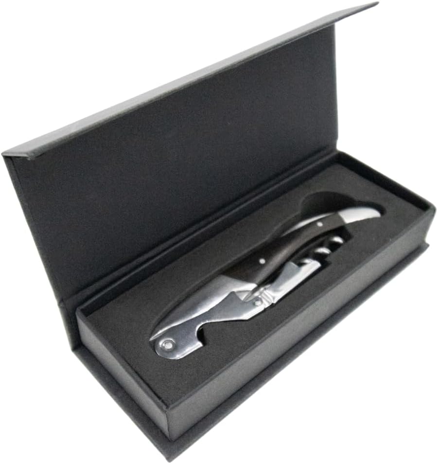 The Wine Chic Premium Professional Corkscrew Wine Opener with Elegant Wood Handle, Manual Wine Key with Foil Knife and Cap Bottle Opener for Bartenders, Waiters and Sommeliers (Black)