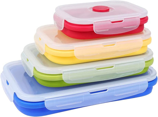 Set of 4 Collapsible Foldable Silicone Food Storage Container, Leftover Meal Box With Airtight Plastic Lids For Kitchen, Bento Lunch Boxes-Microwave, Dishwasher and Freezer Safe